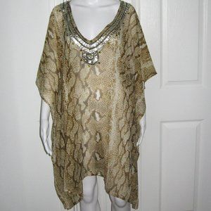 VTG India Polyester Sheer Reptile Print V-Neck Sequins Beads Sheer Caftan Dress